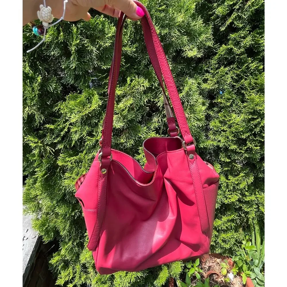 Vtg BURBERRY Red Leather Nova Check Strap Tote Bag Slouchy Hobo Shoulder Handbag